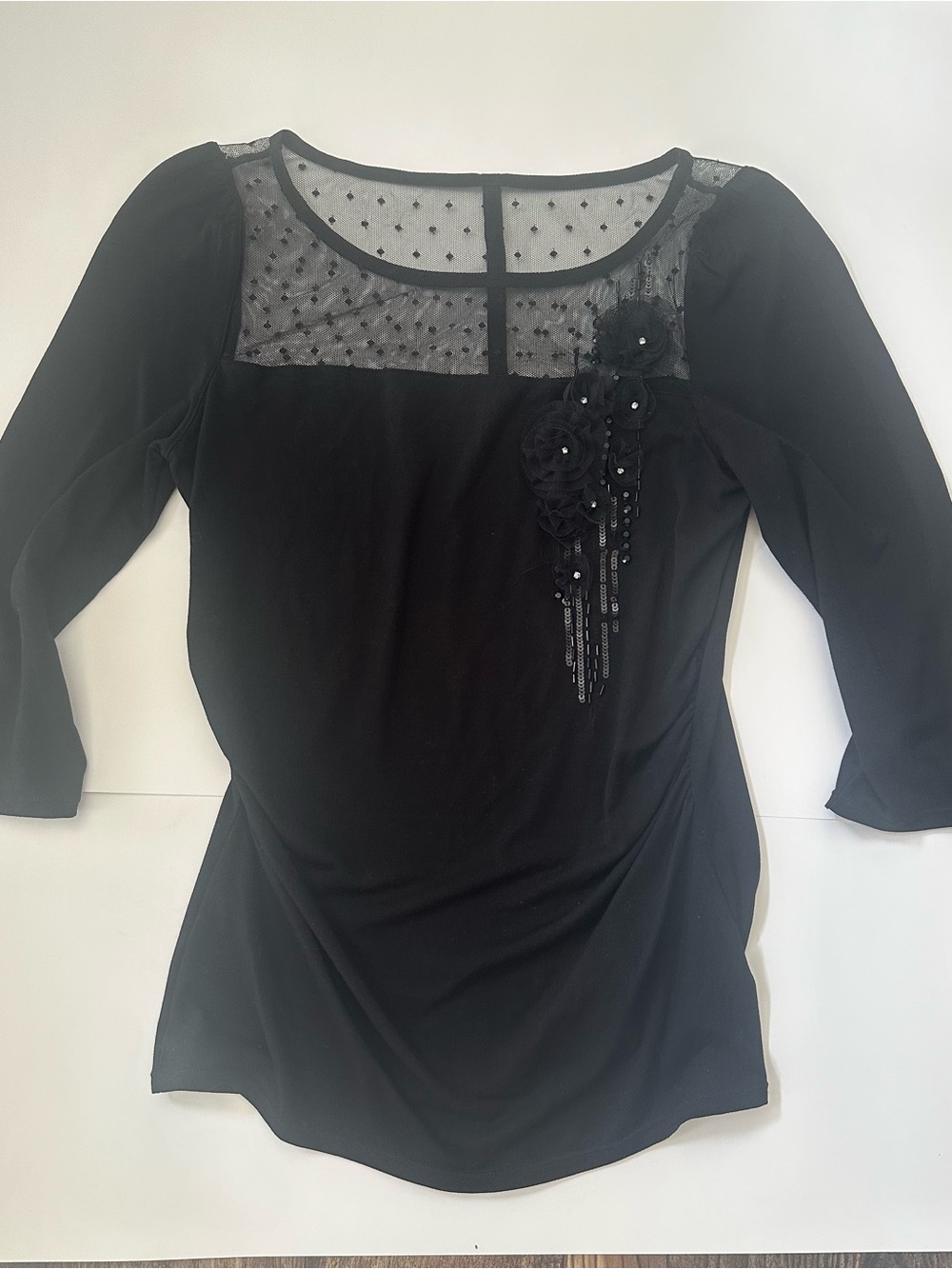White House Black Market Black Sheer Yoke Floral Appliqué Top
